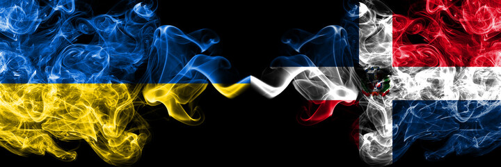 Ukraine, Ukrainian vs Dominican Republic smoky mystic flags placed side by side. Thick colored silky abstract smokes flags.