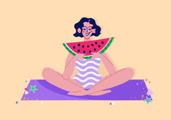 Happy smiling girl sitting on beach and eating slice of watermelon. Pretty young woman in swimsuit. Hello summer. Colourful vector illustration. Cartoon style.