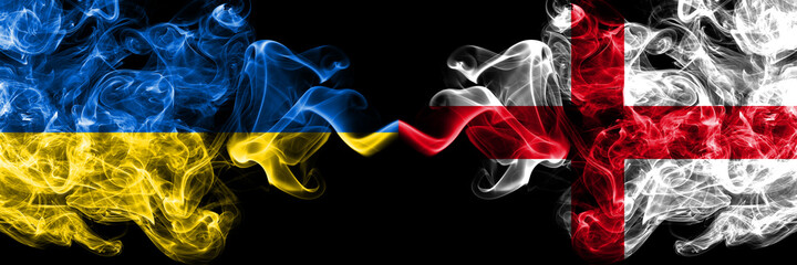 Ukraine, Ukrainian vs England, English smoky mystic flags placed side by side. Thick colored silky abstract smokes flags.