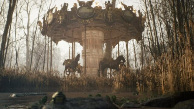 An old damaged merry-go-round is spinning in a desolate spooky forest. The concept of an abandoned park after the apocalypse. Animation for fantasy, science fiction and Apocalypse backgrounds.