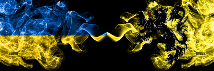 Ukraine, Ukrainian vs Flanders, Flemish smoky mystic flags placed side by side. Thick colored silky abstract smokes flags.