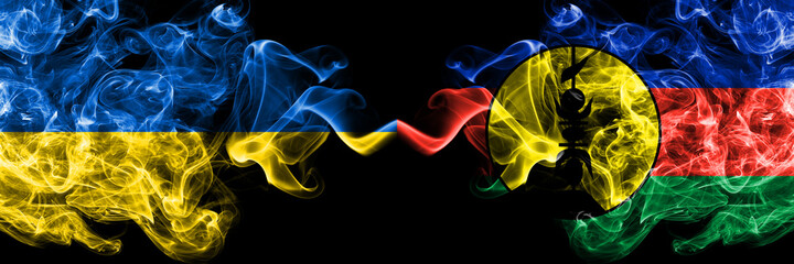 Ukraine, Ukrainian vs France, French, FLNKS smoky mystic flags placed side by side. Thick colored silky abstract smokes flags.