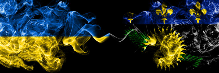 Ukraine, Ukrainian vs France, French, Guadeloupe smoky mystic flags placed side by side. Thick colored silky abstract smokes flags.