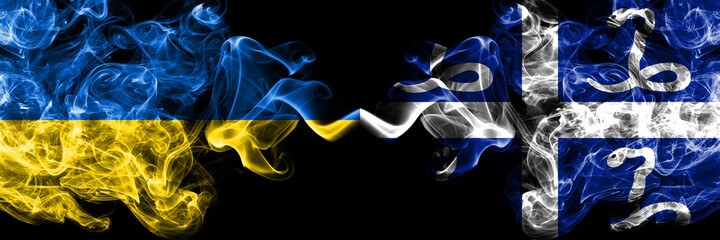 Ukraine, Ukrainian vs France, French, Martinique smoky mystic flags placed side by side. Thick colored silky abstract smokes flags.