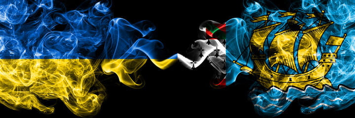 Ukraine, Ukrainian vs France, French, Saint-Pierre and Miquelon smoky mystic flags placed side by side. Thick colored silky abstract smokes flags.