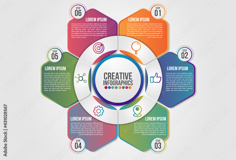 Sticker infographics chart 6 steps options business concept horizontal timeline process template. vector mod