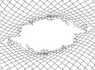 damage wire mesh on white background. Mesh netting with hole isolated on white background.