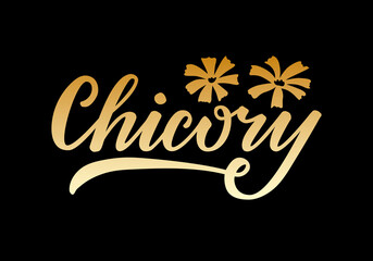 Vector illustration of chicory lettering for packages, product design, banners, stickers, spice shop price list and  decoration. Handwritten isolated word with floral graphic elements for web or print