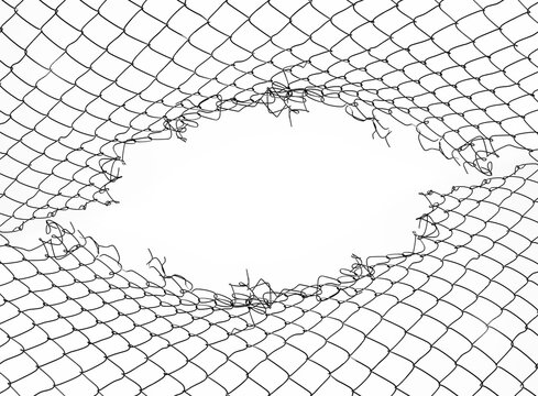 damage wire mesh on white background. Mesh netting with hole isolated on white background.