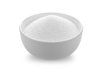White sugar in white bowl on white background