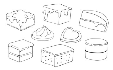 Set of contour elements on the culinary theme. Images of desserts and sweets. Can be used for coloring. Vector illustration