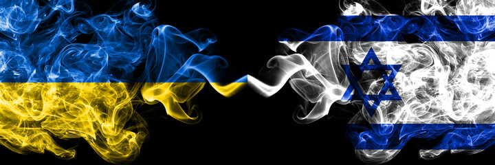 Ukraine, Ukrainian vs Israel, Israeli smoky mystic flags placed side by side. Thick colored silky abstract smokes flags.