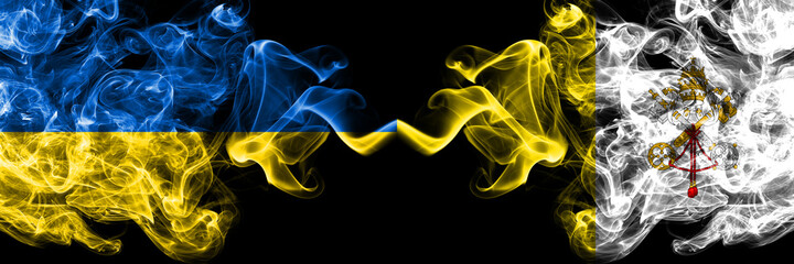 Ukraine, Ukrainian vs Italy, Italian, Vatican smoky mystic flags placed side by side. Thick colored silky abstract smokes flags.