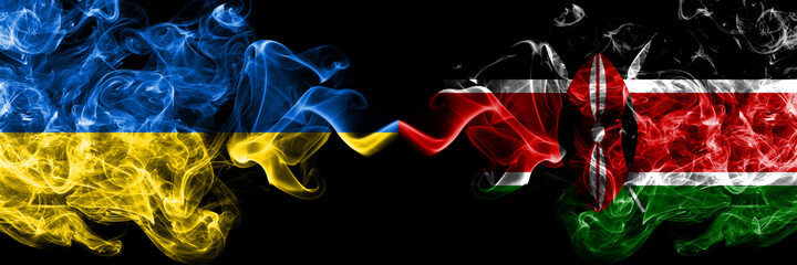 Ukraine, Ukrainian vs Kenya, Kenyan smoky mystic flags placed side by side. Thick colored silky abstract smokes flags.