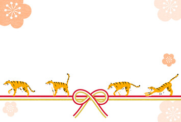 2022年の和風年賀状、寅年、水引の上を歩く4匹の虎と梅の花