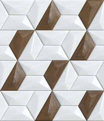 3d Illustration. Modern Geometric Wallpaper. White tiles with  wooden walnut decor. Seamless realistic texture