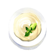 Bowl of mayonnaise swirl with green basil plant, sour cream on white plate, top view, close-up, food concept, isolated, hand drawn watercolor illustration on white - 431029949