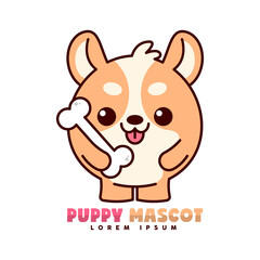 CUTE BROWN PUPPY IS SMILING AND BRINGING A BIG BONE ON HIS HAND. HIGH QUALITY CARTOON MASCOT LOGO.