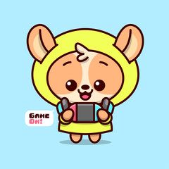CUTE BROWN PUPPY IN YELLOW HOODIE JACKET WITH BLUE EARPHONE IS PLAYING GAME. HIGH QUALITY CARTOON MASCOT DESIGN.