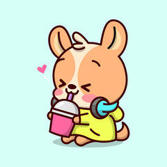 CUTE BROWN PUPPY IN YELLOW HOODIE JACKET WITH BLUE HEADPHONE IS FEELING SO HAPPY WHILE DRINKING. HIGH QUALITY CARTOON CHARACTER DESIGN.
