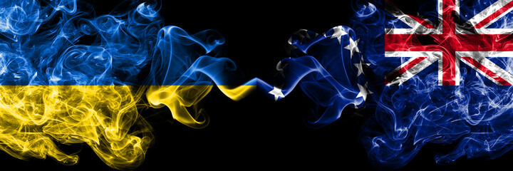 Ukraine, Ukrainian vs New Zealand, Cook Islands smoky mystic flags placed side by side. Thick colored silky abstract smokes flags.