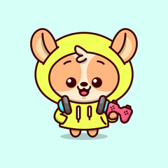 CUTE BROWN PUPPY IN YELLOW HOODIE JACKET WITH BLUE HEADPHONE HOLDING A RED JOYSTICK. HIGH QUALITY CARTOON MASCOT DESIGN.