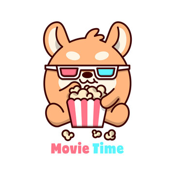 CUTE BROWN PUPPY IS WEARING 3D GLASSES WHILE EATING POP CORN. HIGH QUALITY CARTOON MASCOT DESIGN.