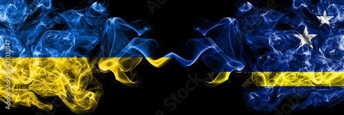 Ukraine, Ukrainian vs Netherlands, Dutch, Holland, Curacao smoky mystic flags placed side by side. Thick colored silky abstract smokes flags.