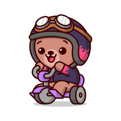 CUTE BABY BROWN BEAR IN BIKER OUTFIT IS FEELING HAPPY WHEN RIDE A PURPLE TRICYCLE. HIGH QUALITY CARTOON CHARACTER DESIGN.