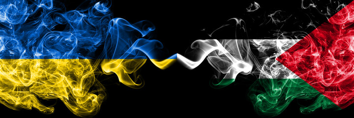 Ukraine, Ukrainian vs Palestine, Palestinian smoky mystic flags placed side by side. Thick colored silky abstract smokes flags.