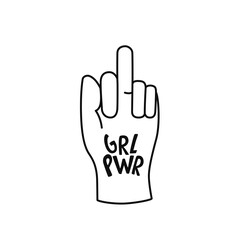 Feminist and GRL PWR vector sticker. Handwritten phrase with women hand. Lettering quotes, type, font isolated on white background for poster, banner. EPS 10
