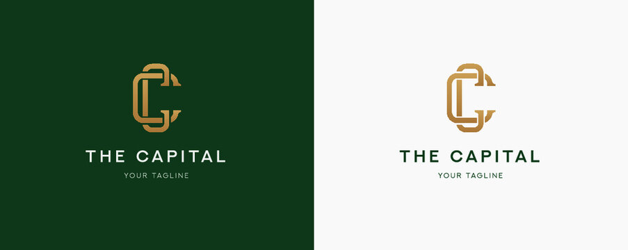 Premium style gold C letters logo symbol on the green background. Modern luxury brand element sign. Vector illustration