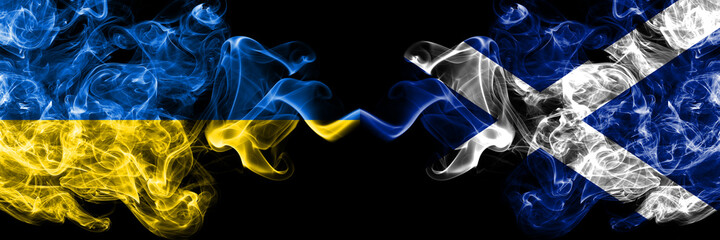 Ukraine, Ukrainian vs Scotland, Scottish, Scots smoky mystic flags placed side by side. Thick colored silky abstract smokes flags.