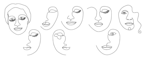 Continuous line, drawing of set faces and hairstyle, fashion concept, woman beauty minimalist, illustration