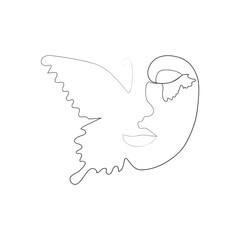 abstract face with butterfly one line drawing. Portret minimalistic style