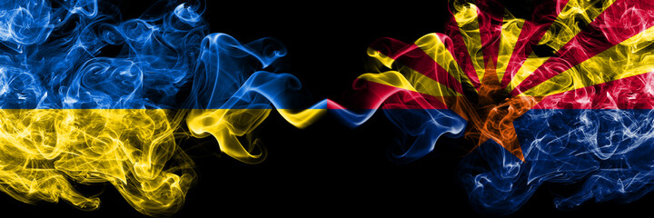 Ukraine, Ukrainian vs United States of America, America, US, USA, American, Arizona, Arizonan smoky mystic flags placed side by side. Thick colored silky abstract smokes flags.