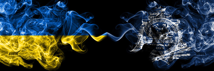 Obraz premium Ukraine, Ukrainian vs United States of America, America, US, USA, American, Charleston, South Carolina smoky mystic flags placed side by side. Thick colored silky abstract smokes flags.