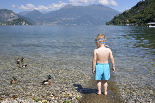 A toddler boy standing alone in pure transparent water of lake Como watching at ducks swimming around Italy Lierna, June 22 2018.