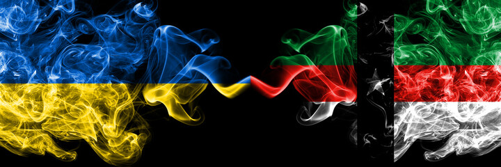 Ukraine, Ukrainian vs United States of America, America, US, USA, American, Denison, Texas smoky mystic flags placed side by side. Thick colored silky abstract smokes flags.
