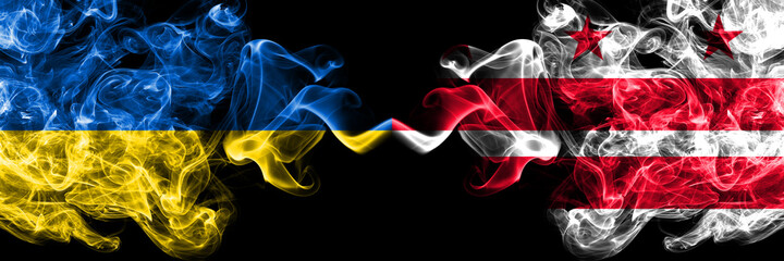 Ukraine, Ukrainian vs United States of America, America, US, USA, American, District of Columbia, Washington smoky mystic flags placed side by side. Thick colored silky abstract smokes flags.