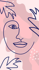 Woman's Face Minimal Line Style. Abstract Contemporary collage of geometric shapes in a modern trendy style.