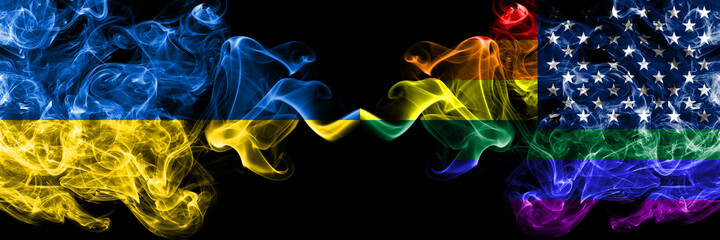 Ukraine, Ukrainian vs United States of America, America, US, USA, American, gay  smoky mystic flags placed side by side. Thick colored silky abstract smokes flags.