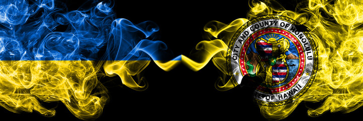 Ukraine, Ukrainian vs United States of America, America, US, USA, American, Honolulu, Hawaii smoky mystic flags placed side by side. Thick colored silky abstract smokes flags.