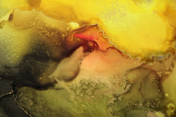 Art Abstract painting yellow, black and gold blots landscape background. Alcohol ink colors. Marble texture.