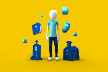 character 3d  with items such as church bible urn and coffin to exemplify the concept of funeral home, 3d illustration