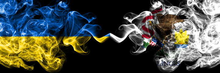 Ukraine, Ukrainian vs United States of America, America, US, USA, American, Illinois smoky mystic flags placed side by side. Thick colored silky abstract smokes flags.