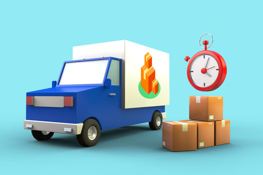 delivery truck with shipping packages and a time symbol 3d illustration