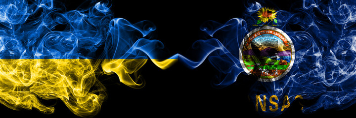 Ukraine, Ukrainian vs United States of America, America, US, USA, American, Kansas smoky mystic flags placed side by side. Thick colored silky abstract smokes flags.