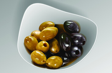 Olives in a plate with butter. Abstract vector illustration of mature and green olives in a plate with oil on a gray background. A blank for creativity.