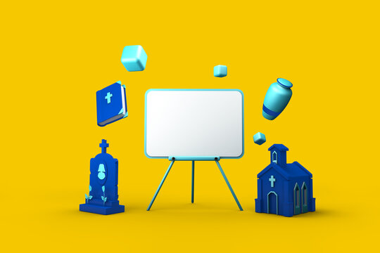character 3d  with items such as church bible urn and coffin to exemplify the concept of funeral home, 3d illustration